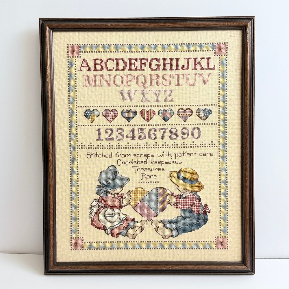 Vintage ABC Cross Stitch Sampler Custom Framed Handmade Nursery Wall Art Heart